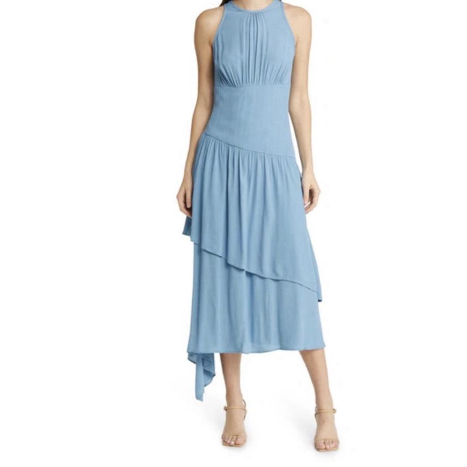 Nwt Chelsea28 Sleeveless Tiered Asymmetric Midi Dress In Blue Heaven Size Med